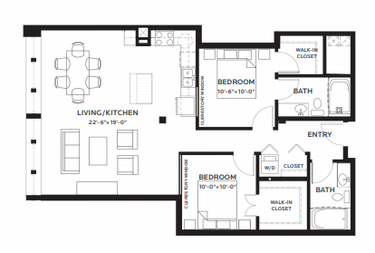 Floor plan for 2 beds, 2 baths, 1079 sqft